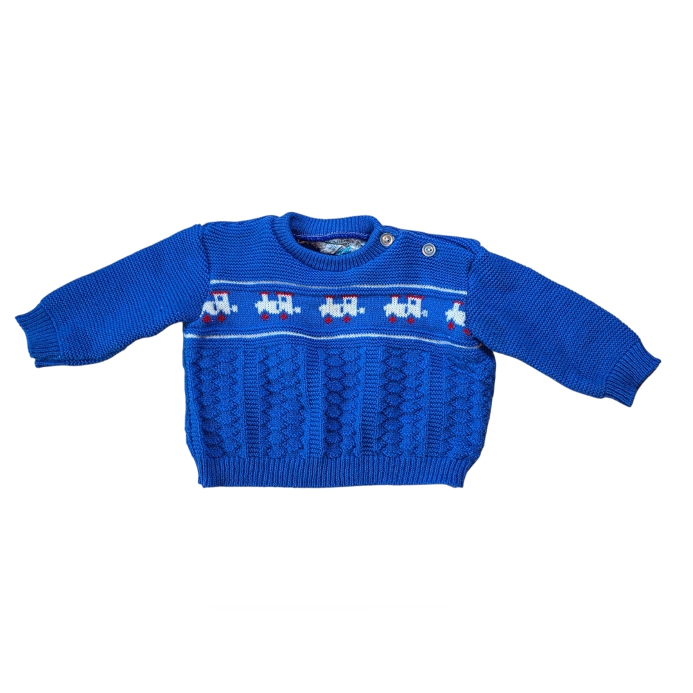 Vintage 80's Glo Knit Baby Boy 0-6mo Train Locomotive Blue Acrylic Sweater